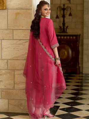 Ethnic Motifs Embroidered Notch Neck A-line Kurta With Trousers & Dupatta 4