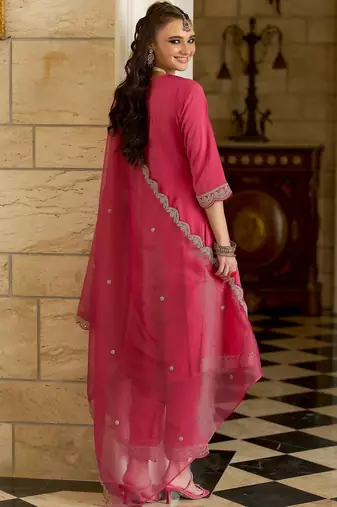 Ethnic Motifs Embroidered Notch Neck A-line Kurta With Trousers & Dupatta