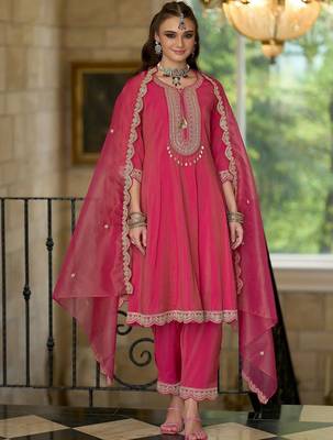 Ethnic Motifs Embroidered Notch Neck A-line Kurta With Trousers & Dupatta 5