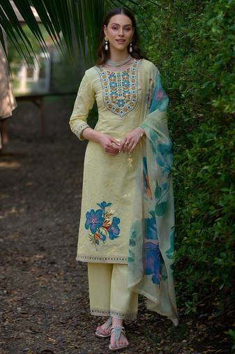 Women Floral Embroidered Mirror Work Cotton Kurta with Palazzos & With Dupatta