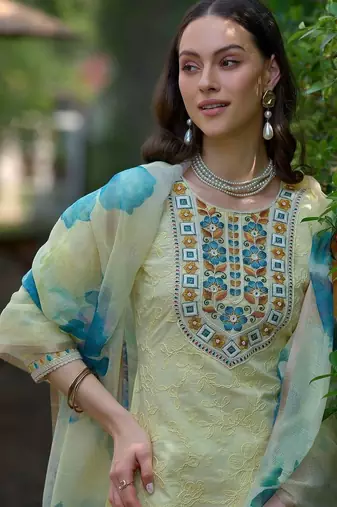 Women Floral Embroidered Mirror Work Cotton Kurta with Palazzos & With Dupatta
