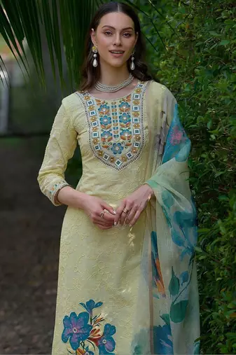 Women Floral Embroidered Mirror Work Cotton Kurta with Palazzos & With Dupatta