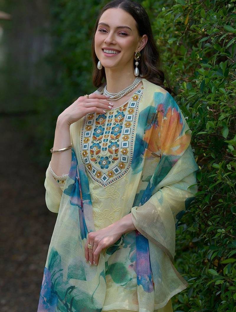 Women Floral Embroidered Mirror Work Cotton Kurta with Palazzos & With Dupatta