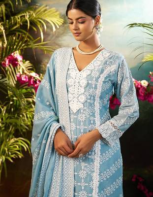 Women Ethnic Motifs Embroidered Cotton Kurta with Trousers & Dupatta 6