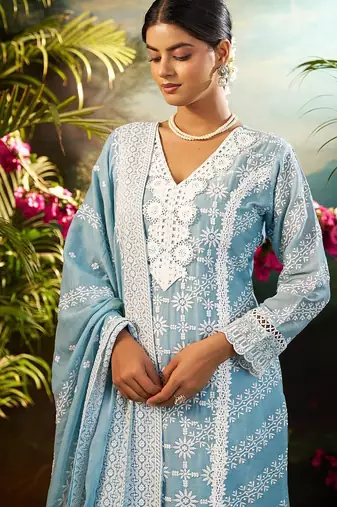 Women Ethnic Motifs Embroidered Cotton Kurta with Trousers & Dupatta