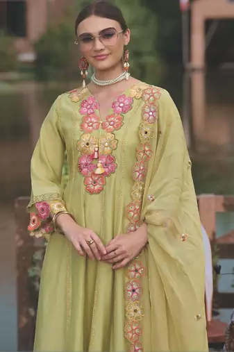 Women Floral Embroidered Mirror Work Kurta with Trousers & With Dupatta