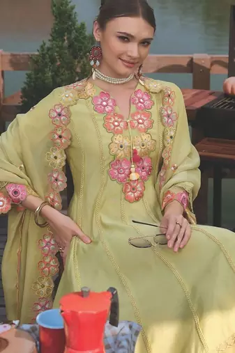Women Floral Embroidered Mirror Work Kurta with Trousers & With Dupatta