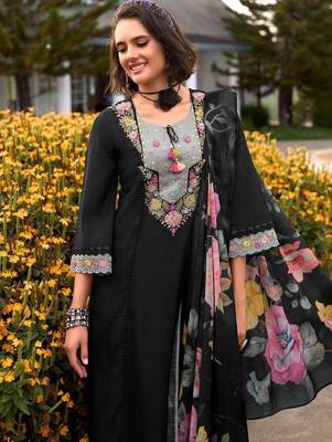 Floral Embroidered Thread Work Cotton Kurta with Trousers & Dupatta 1