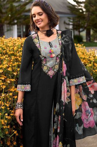 Floral Embroidered Thread Work Cotton Kurta with Trousers & Dupatta