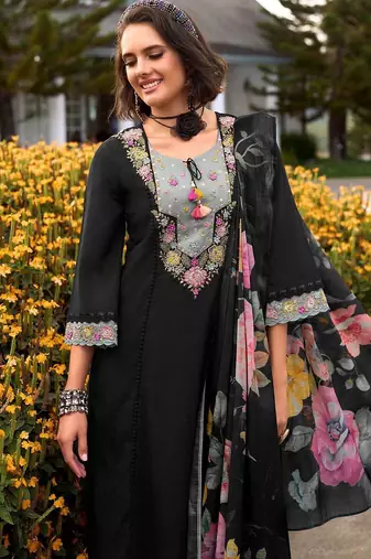 Floral Embroidered Thread Work Cotton Kurta with Trousers & Dupatta