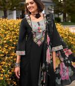 Floral Embroidered Thread Work Cotton Kurta with Trousers & Dupatta
