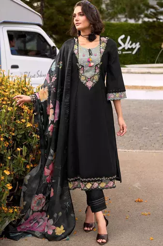 Floral Embroidered Thread Work Cotton Kurta with Trousers & Dupatta