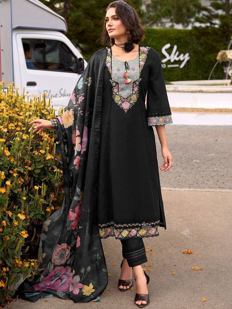Floral Embroidered Thread Work Cotton Kurta with Trousers & Dupatta