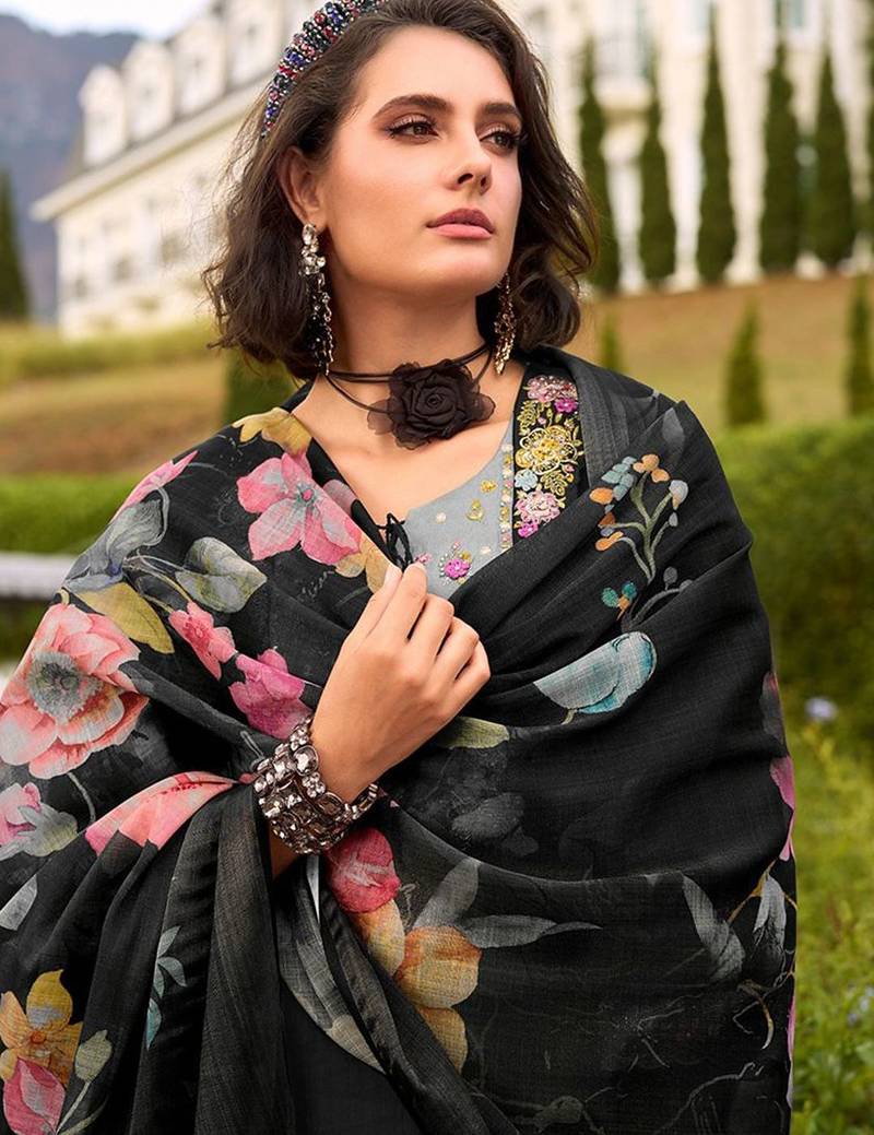 Floral Embroidered Thread Work Cotton Kurta with Trousers & Dupatta