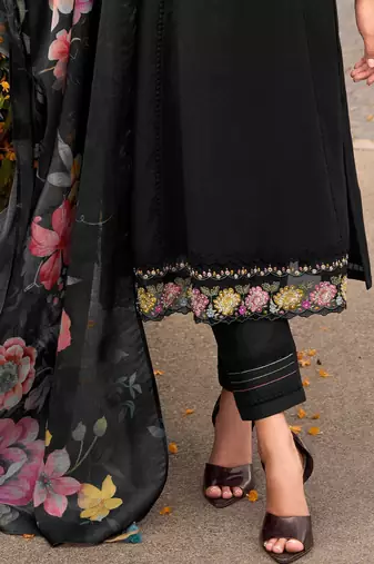 Floral Embroidered Thread Work Cotton Kurta with Trousers & Dupatta