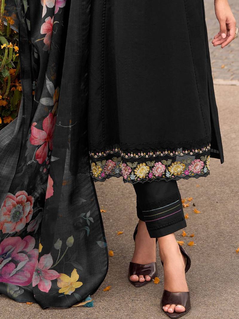Floral Embroidered Thread Work Cotton Kurta with Trousers & Dupatta