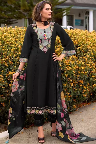 Floral Embroidered Thread Work Cotton Kurta with Trousers & Dupatta