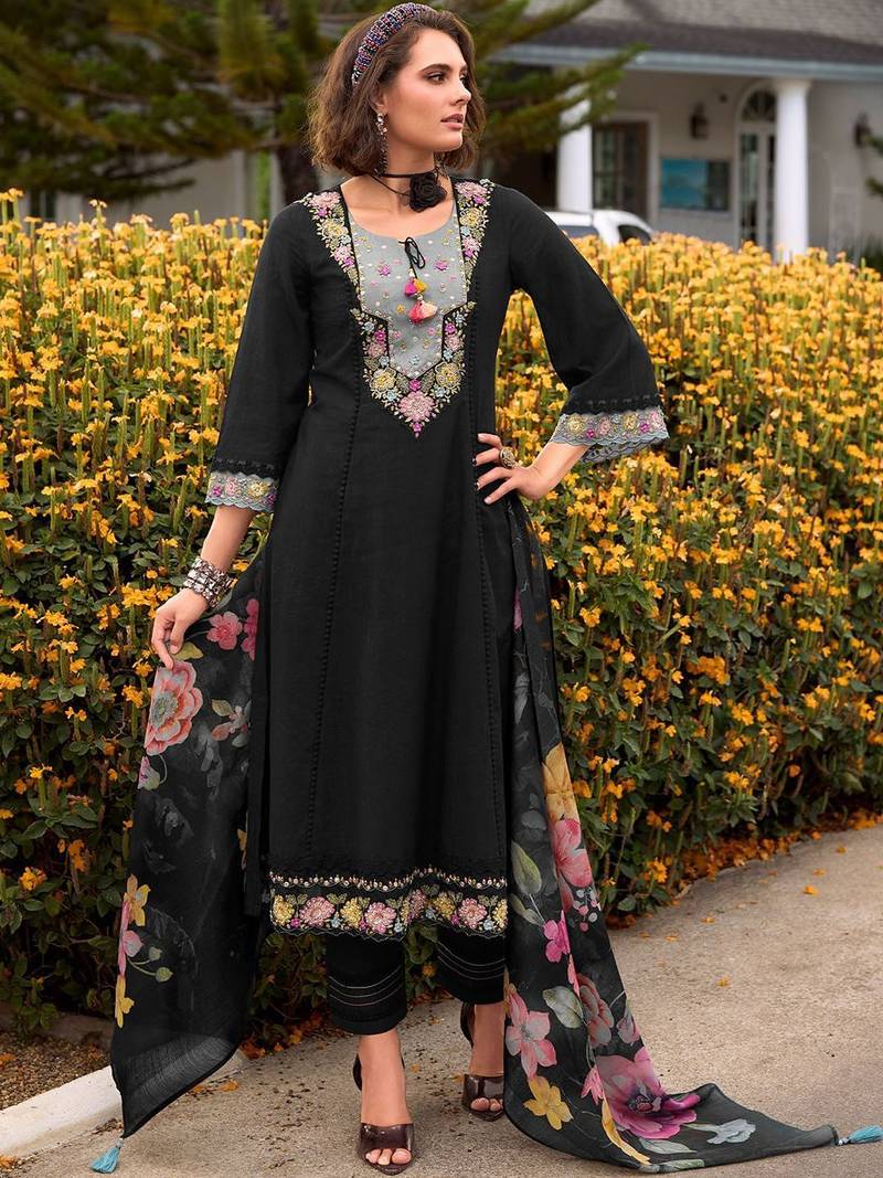 Floral Embroidered Thread Work Cotton Kurta with Trousers & Dupatta