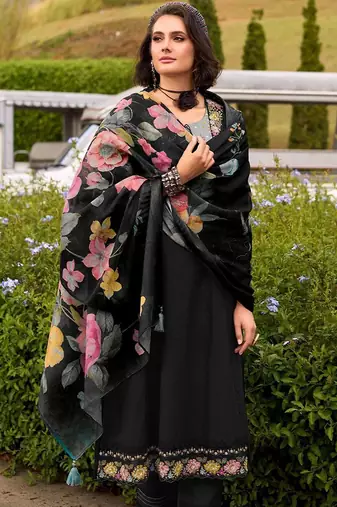 Floral Embroidered Thread Work Cotton Kurta with Trousers & Dupatta