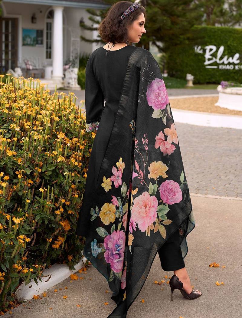 Floral Embroidered Thread Work Cotton Kurta with Trousers & Dupatta