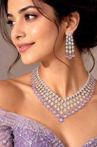 lavender teardrop cz bridal necklace set, wedding crystal dangle earrings