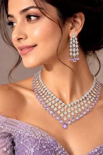 lavender teardrop cz bridal necklace set, wedding crystal dangle earrings