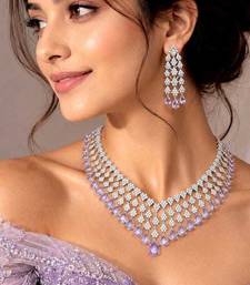 lavender teardrop cz bridal necklace set, wedding crystal dangle earrings