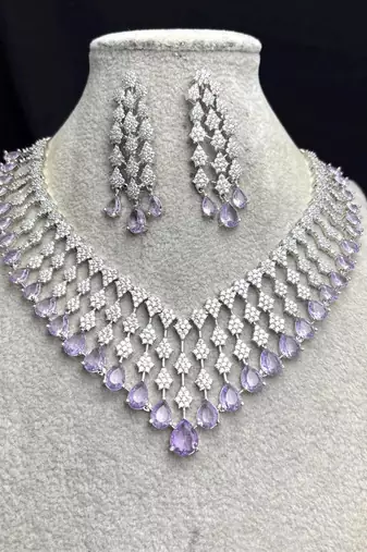 lavender teardrop cz bridal necklace set, wedding crystal dangle earrings