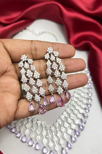 lavender teardrop cz bridal necklace set, wedding crystal dangle earrings