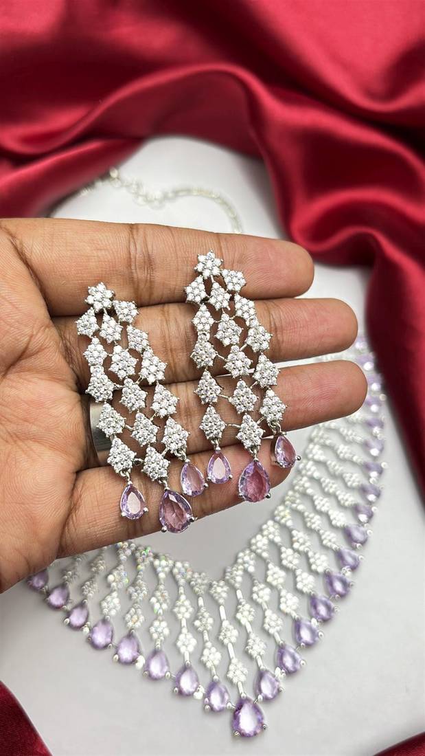 lavender teardrop cz bridal necklace set, wedding crystal dangle earrings