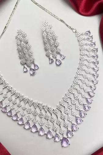 lavender teardrop cz bridal necklace set, wedding crystal dangle earrings