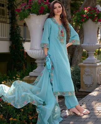 Women Ethnic Motifs Embroidered Thread Work Cotton Kurta with Trousers & With Dupatta 2