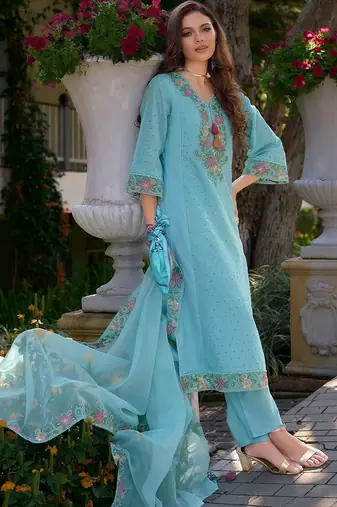 Women Ethnic Motifs Embroidered Thread Work Cotton Kurta with Trousers & With Dupatta