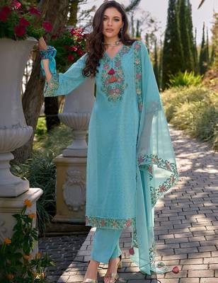 Women Ethnic Motifs Embroidered Thread Work Cotton Kurta with Trousers & With Dupatta 5