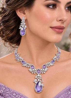 purple teardrop crystal bridal necklace set, lavender cz wedding jewellery, silver statement earrings 1