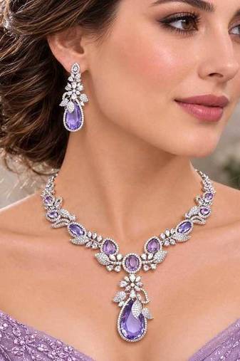 purple teardrop crystal bridal necklace set, lavender cz wedding jewellery, silver statement earrings