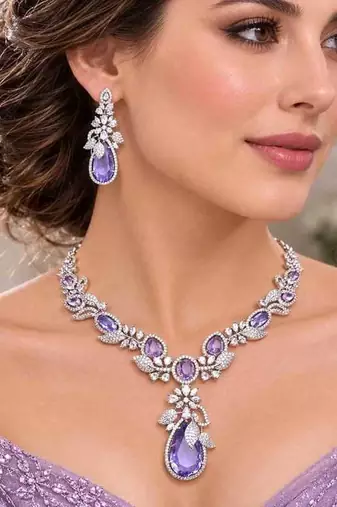 purple teardrop crystal bridal necklace set, lavender cz wedding jewellery, silver statement earrings