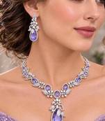 purple teardrop crystal bridal necklace set, lavender cz wedding jewellery, silver statement earrings