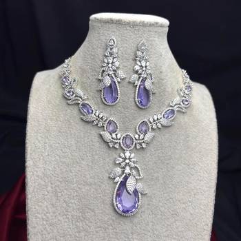 purple teardrop crystal bridal necklace set, lavender cz wedding jewellery, silver statement earrings 2