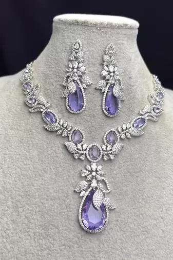 purple teardrop crystal bridal necklace set, lavender cz wedding jewellery, silver statement earrings