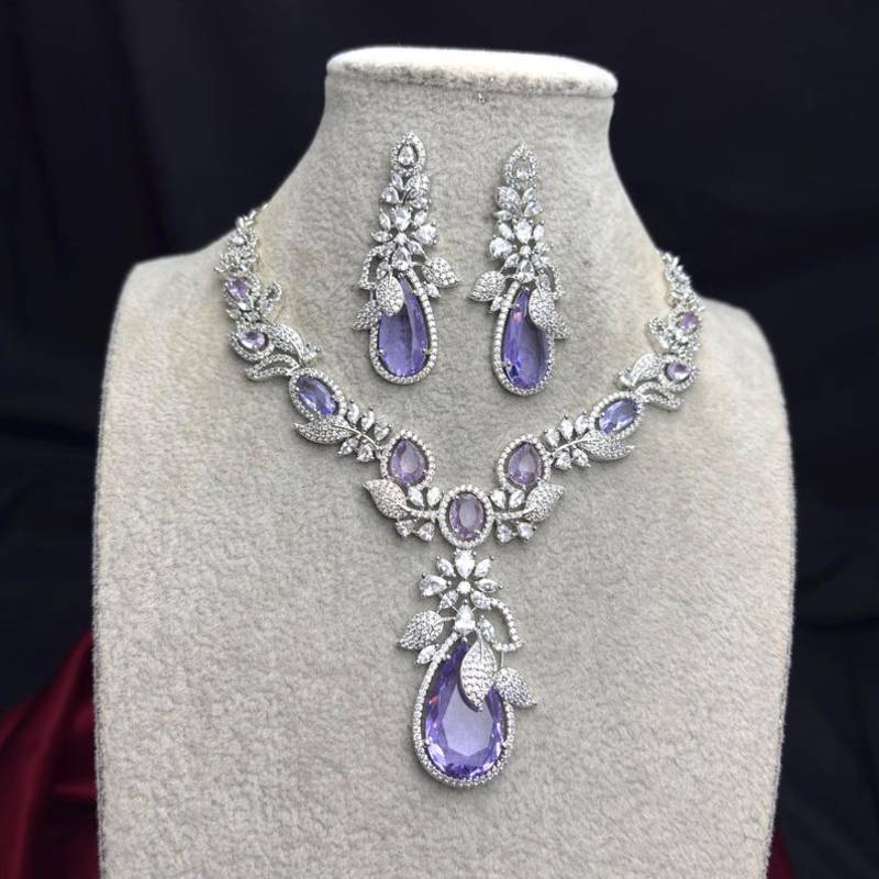 purple teardrop crystal bridal necklace set, lavender cz wedding jewellery, silver statement earrings