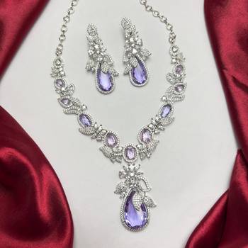 purple teardrop crystal bridal necklace set, lavender cz wedding jewellery, silver statement earrings 3