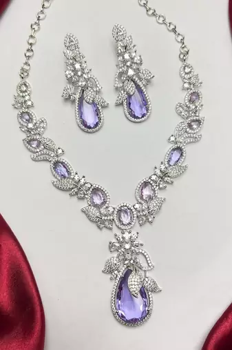 purple teardrop crystal bridal necklace set, lavender cz wedding jewellery, silver statement earrings