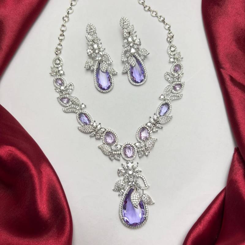 purple teardrop crystal bridal necklace set, lavender cz wedding jewellery, silver statement earrings
