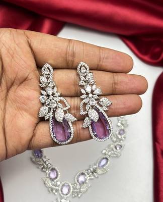 purple teardrop crystal bridal necklace set, lavender cz wedding jewellery, silver statement earrings 4