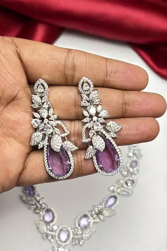 purple teardrop crystal bridal necklace set, lavender cz wedding jewellery, silver statement earrings