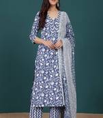 Floral printed cotton v neck kurta trouser & dupatta set