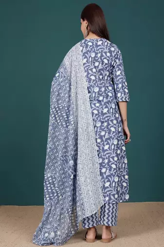 Floral printed cotton v neck kurta trouser & dupatta set