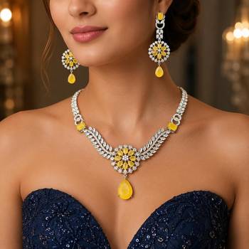 yellow crystal floral bridal jewellery set, silver cz necklace earrings 1