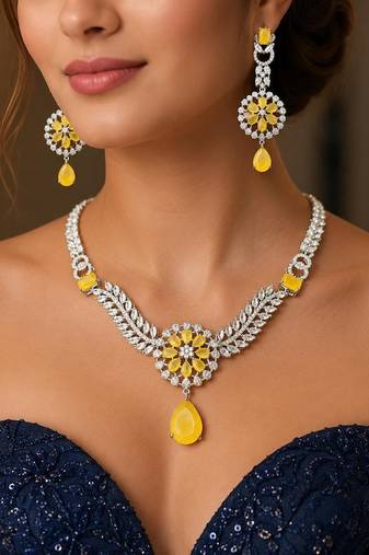 yellow crystal floral bridal jewellery set, silver cz necklace earrings
